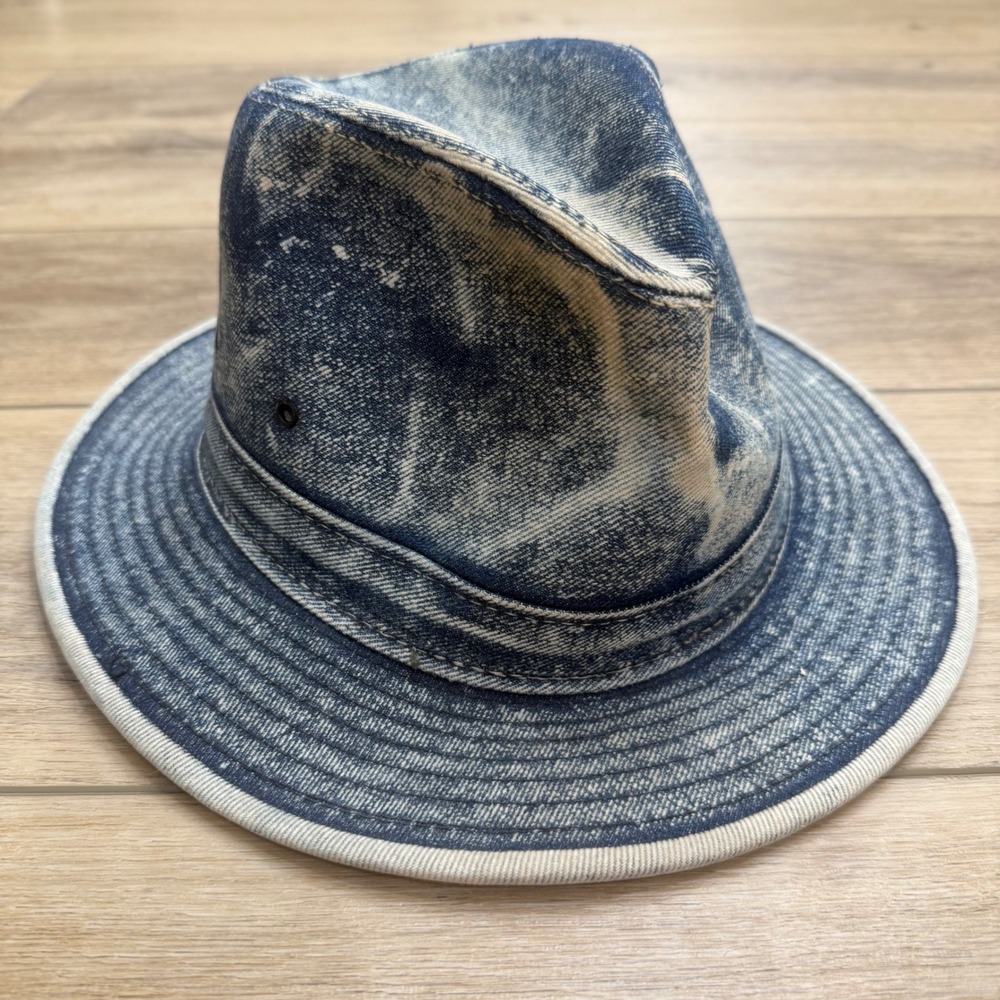 Vintage Hatquarters Acid Wash Denim Fedora Hat Mens XL Made in USA Distressed